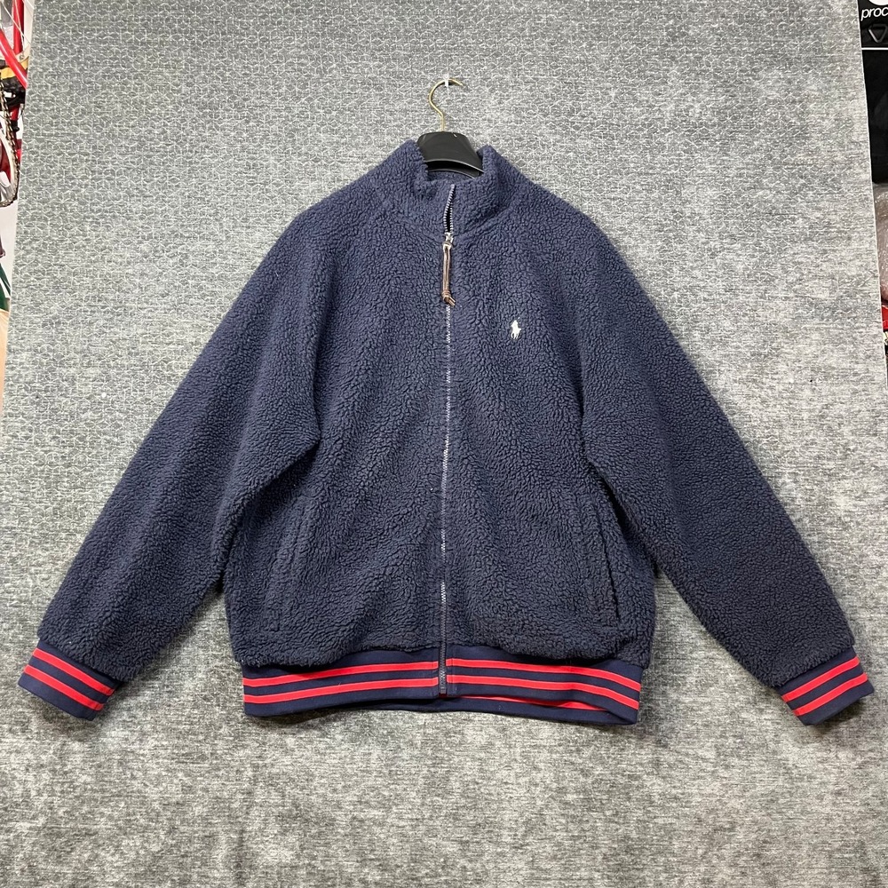Polo Ralph Lauren Full Zip Jacket Men's Navy Blue Sherpa Fleece Winter - Large